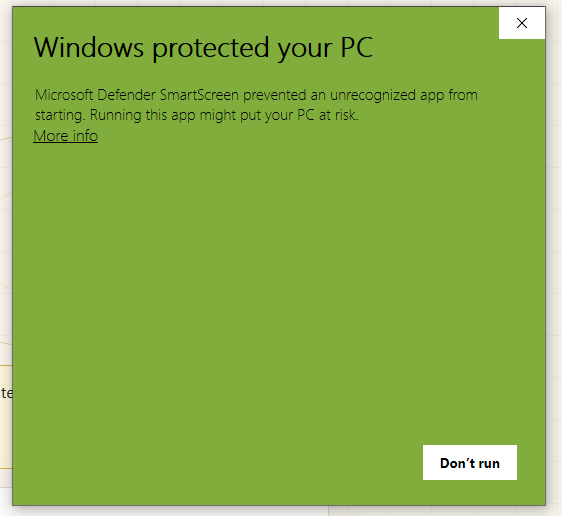 Windows protected your PC prompt with the More info link highlighted by its position
